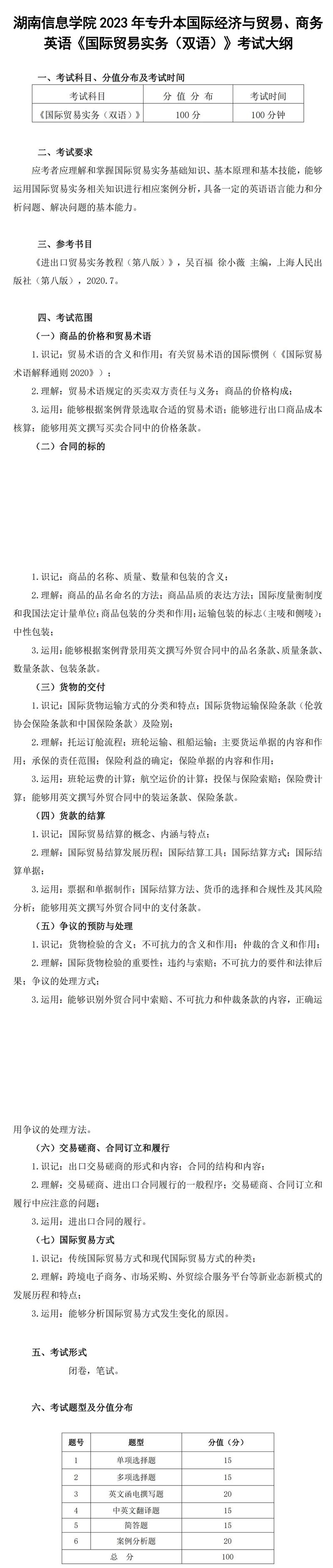 2023年湖南信息學(xué)院專升本國(guó)際經(jīng)濟(jì)與貿(mào)易專業(yè)《國(guó)際貿(mào)易實(shí)務(wù)（雙語）》考試大綱(圖1)