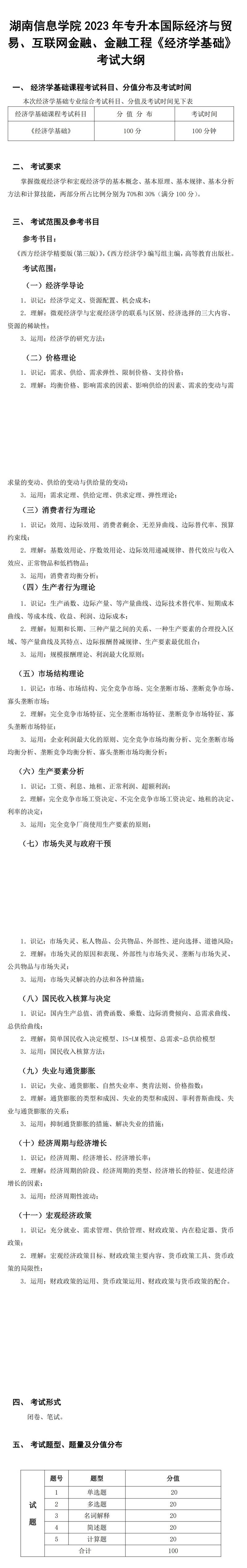 2023年湖南信息學院專升本金融工程專業(yè)《經(jīng)濟學基礎(chǔ)》考試大綱(圖1)